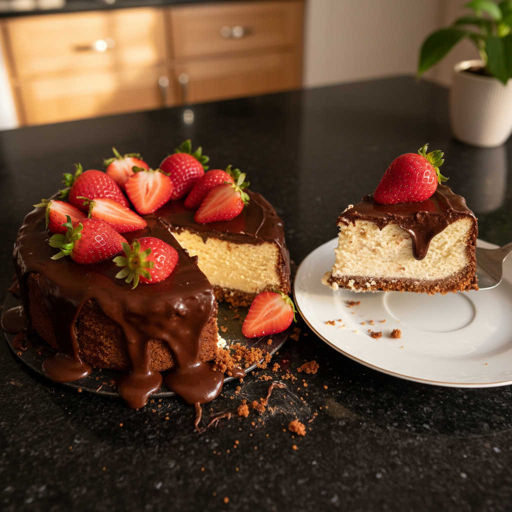 Schokoladenüberzogener Erdbeer Käsekuchen
