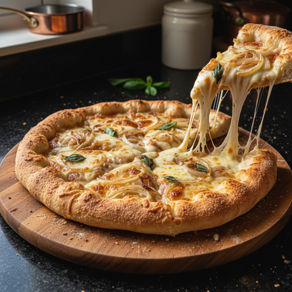 Karamellisierte Zwiebel Pizza mit Mozzarella