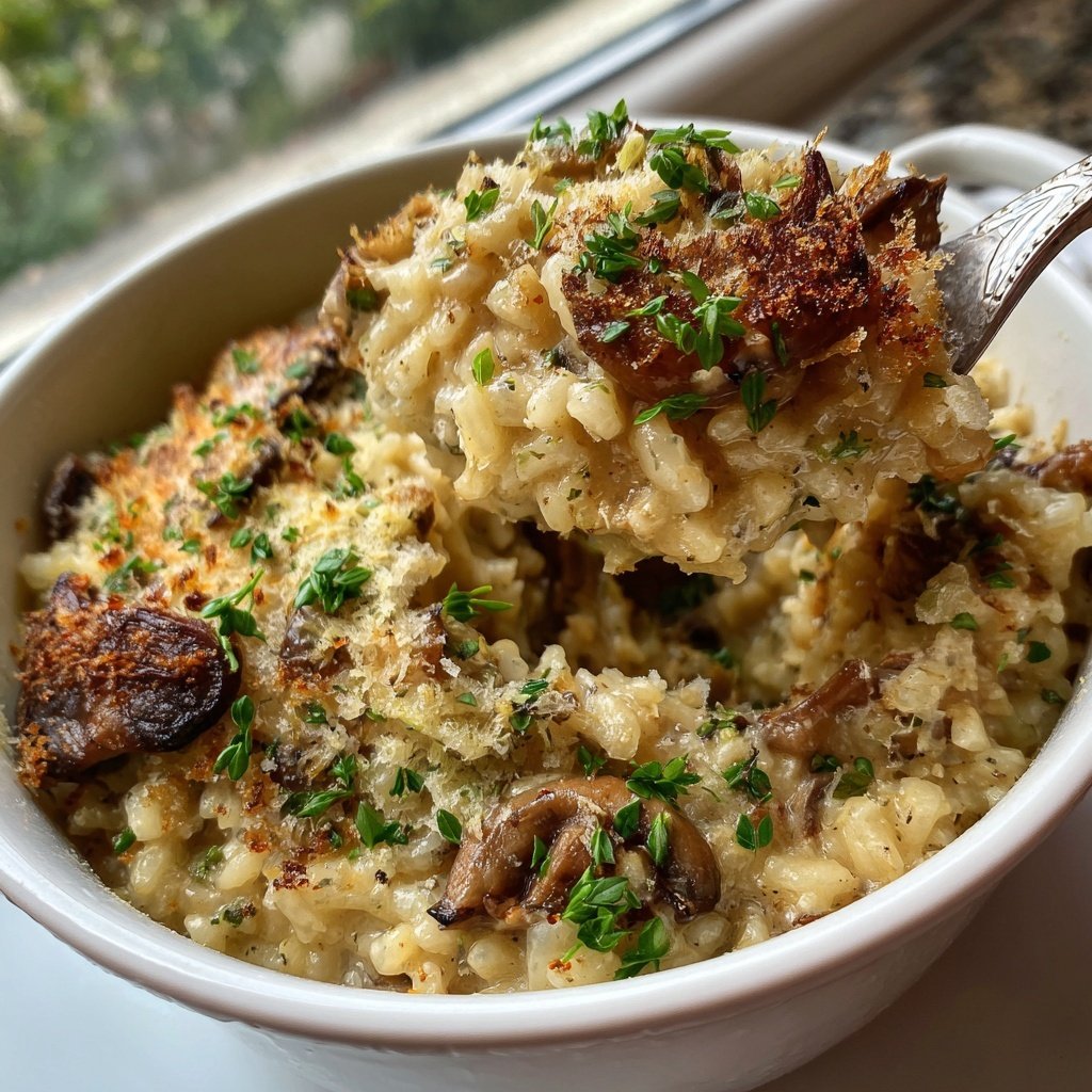 Ofen Risotto mit knusprigen Pilzen