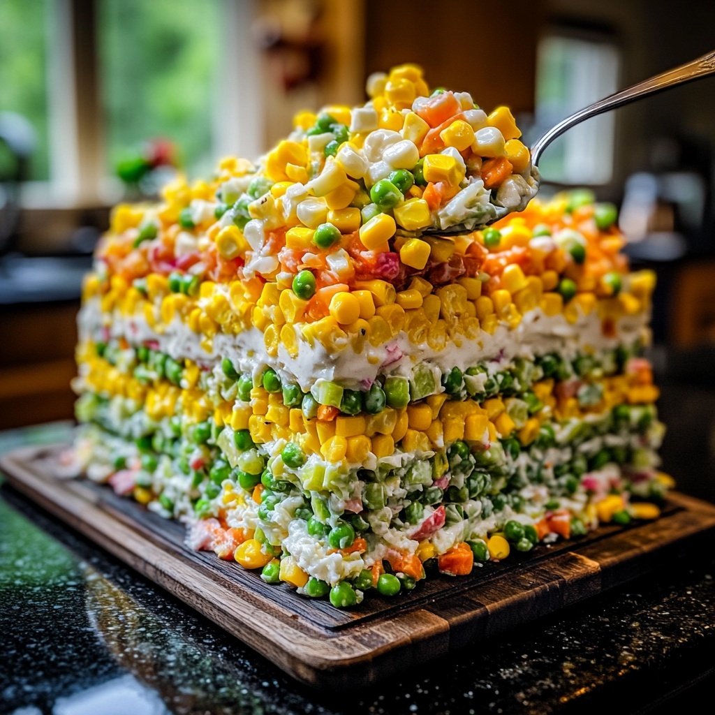 Weihnachtlicher Schichtsalat mit Mais und Erbsen