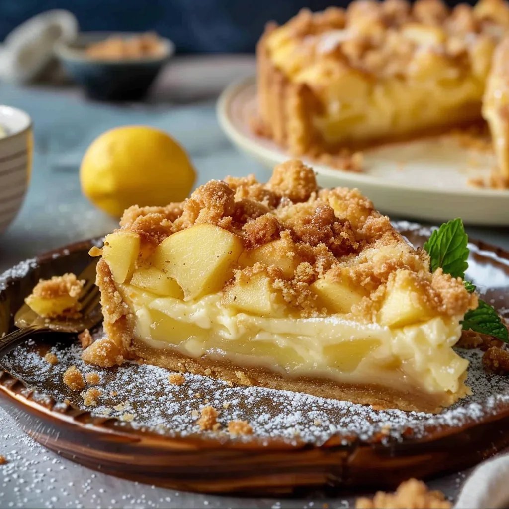 Traditioneller Apfelkuchen mit Pudding und Zimtstreuseln
