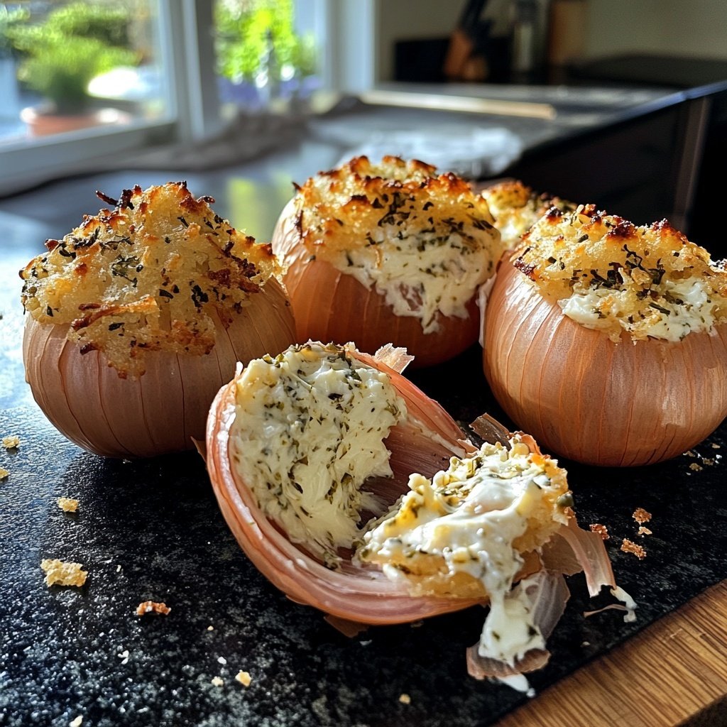 Knusprig gefüllte rote Zwiebeln